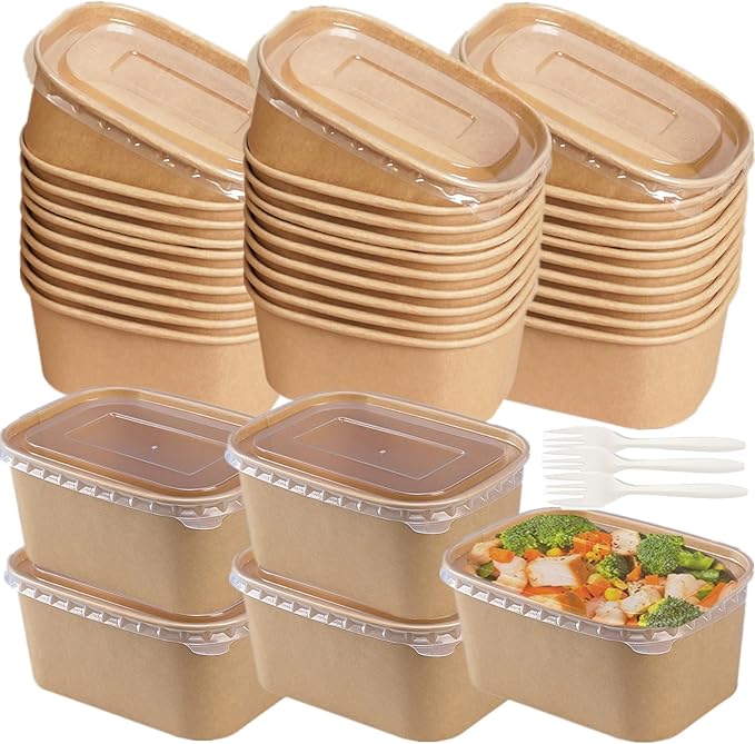 50 Pack Disposable Kraft Paper Bowls with Lids, 33 OZ Meal Prep Container, Microwave Freezer Safe Salad Bowls with Forks for Hot/Cold Food, Soup, Ice Cream, Takeout, Party Supplies