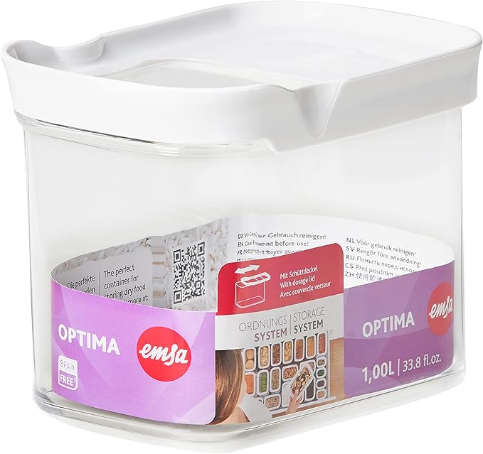 Emsa N11419 Optima Pouring Container 1 Litre Rectangular Sliding Lid Ideal for Portioning 100% Safe/Hygienic/Harmless Fresh Seal BPA Free | Transparent Design, 1.0 L