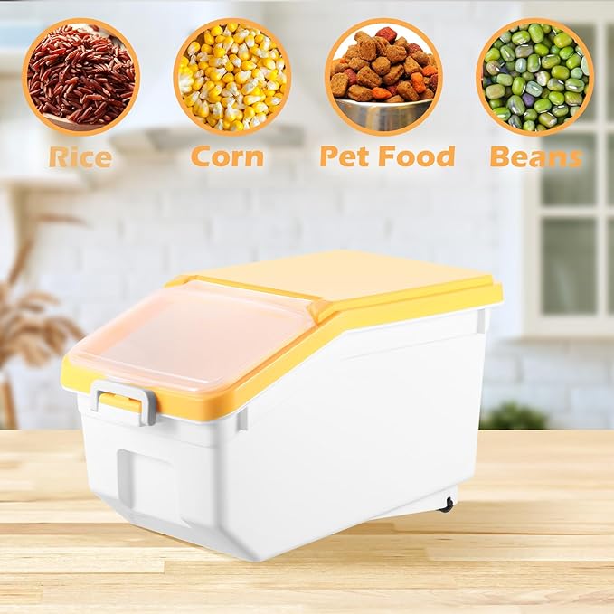 Sunnyray 4 Pcs Rice Storage Containers Bulk Flour Sugar Container Wheels Measuring Cups Set Airtight Pet Dog Cat Birds Food Bin Grain Cereal Organizer Box for Dry Baking(Yellow,22 lb)