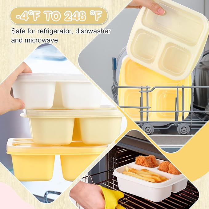 Honeydak 5 Pack Snack Containers 3 Compartment Bento Snack Boxes Divided Meal Prep Containers with Lids Reusable Adults Lunch Food Storage Box for School Work Travel(Lemon Color)