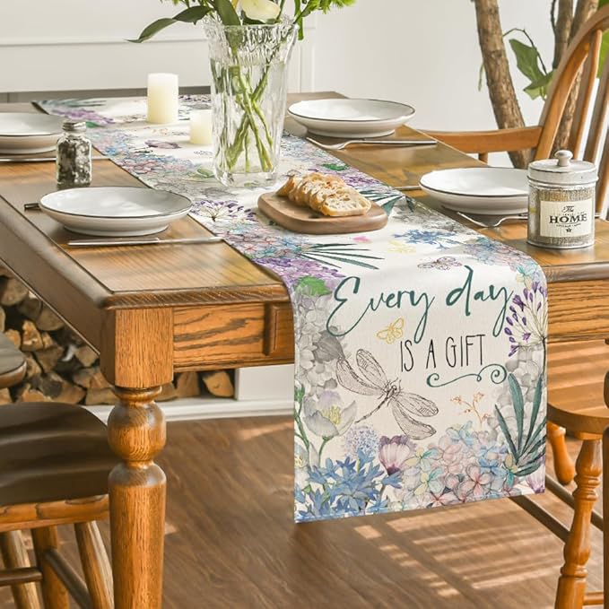 Artoid Mode Every Day is A Gift Dragonfly Hydrangea Spring Table Runner, Seasonal Summer Kitchen Dining Table Decoration for Home Party Decor 13x72 Inch