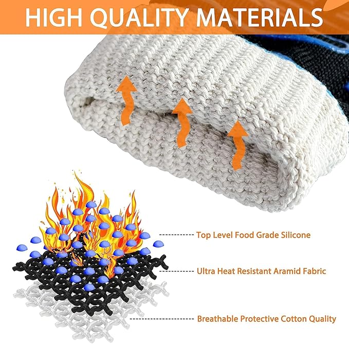 1472°F Extreme BBQ Gloves Grill Oven Safety Gloves, Cut Resistant with Non-Slip Silicone for Grilling, Frying, Baking, Fireplace, Cooking (2 Pieces Set) (Black Strips Long)