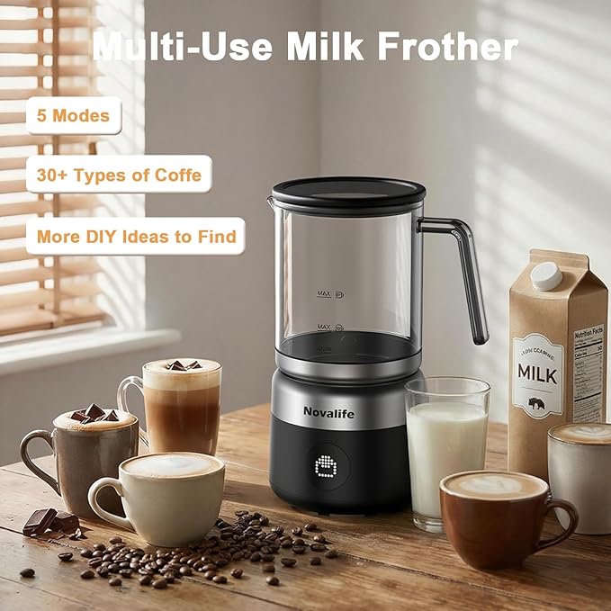 5-in-1 Electric Milk Frother, Removable Milk Frother and Steamer One-Touch for Hot and Cold Milk Froth Latte/Cappuccino/Hot Chocolate, 600W Milk Frother, Dishwasher-Safe BPA Free (black)
