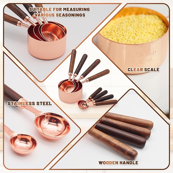 Premium Measuring Cups and Spoons Set with Wood Handle, 8-Pieces Stainless Steel Nesting Kitchen Measuring Set for Baking, Cooking, Coffee with Ergonomic Grip & Engraved Markings (Rose Gold8)