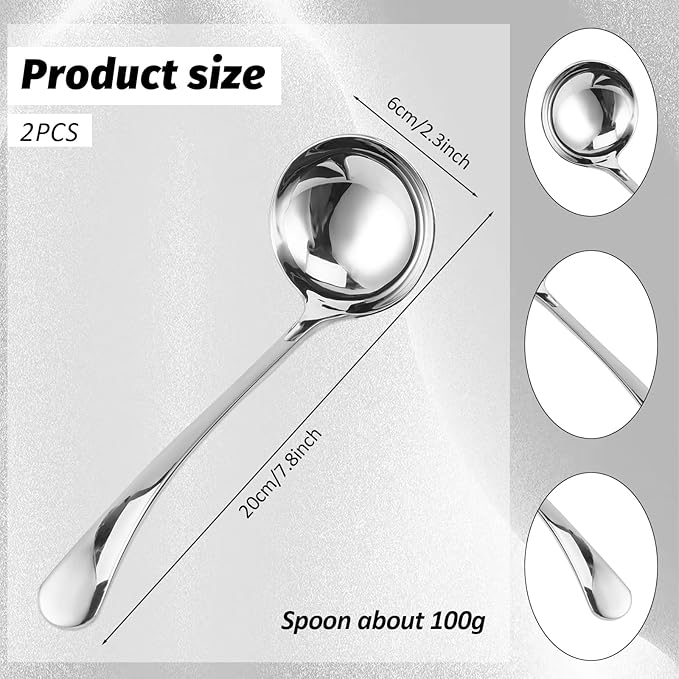 2 Pack Small Silver 7.9 Inch Gravy Soup Ladle - 18/10 Stainless Steel Sauce Ladle for Spooning Sauces or Gravies