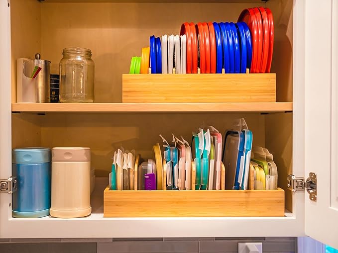 Umilife Extra Large Kitchen Cabinet & Drawer Organizer, Bamboo Lid Holder with 5 Tall Adjustable Dividers, Pantry Organization and Storage for Food Container Lid