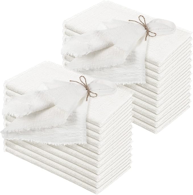 Preboun 24 Pcs Fringe Napkins Bulk Cloth Cotton Soft 17 x 17 Inch Rustic Reusable Washable Festive Square Table Napkins with Fringe for Parties Wedding Restaurant Table Accessory(White)