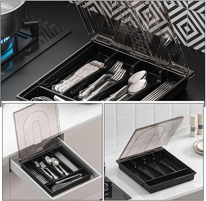 SHOWERORO Large Flip-top Kitchen Silverware Box with Dividers, Black Cutlery Organizer Drawer Storage Tray for Forks, Spoons, and Knives, Convenient Utensil Storage Solution for Kitchen