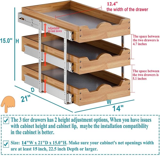OCG Pull Out Drawer 14" W x 21" D, 3 Tier Pull Out Cabinet Organizer, Heavy-Duty Slide Out Drawer for Cabinets, Base Cabinet Organization for Kitchen, Pantry, Bathroom