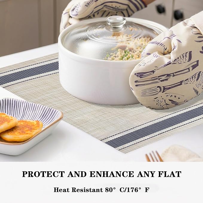 Khaki Blue Placemats Set of 2 - Heat Resistant Non-Slip Place mats for Dining Table, Washable Durable PVC Vinyl Woven Table Mats (Khaki Blue, 2)