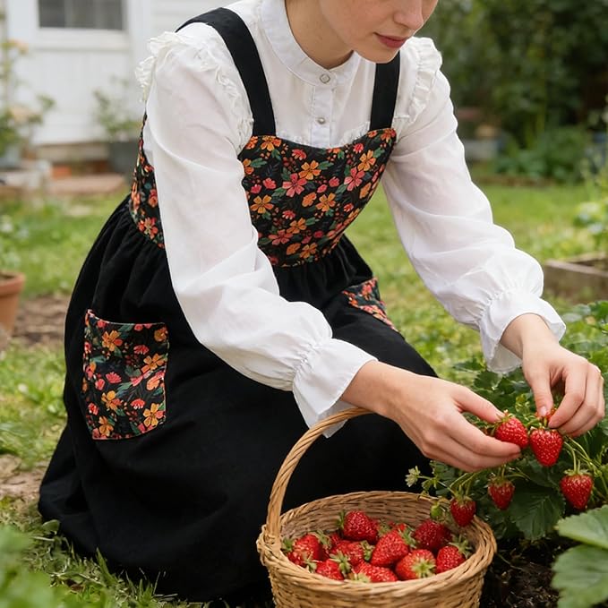 Uaussi Cotton Linen Apron Cross Back Work Apron for Women with Pockets Pinafore Dress X Cross Halter Apron for Chef Gardening