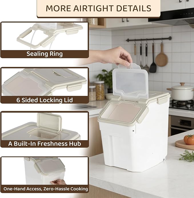 Saim Flour Storage Containers 25lb, 2Pack Airtight Rice Storage Containers with Wheels, Rice Dispenser with Measuring Cup,Scoop for Flour, Grain, Cereal, Pet Food Organizer - Grey