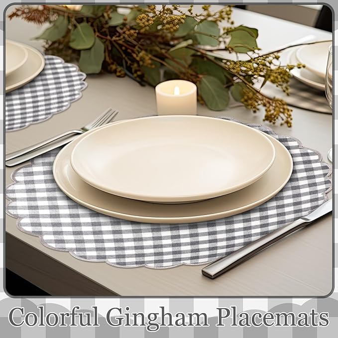Set of 6 Round Placemats 15 Inch Cotton Scalloped Embroidery Placemat Washable Double Layered Rustic Dinner Table Mat Decor Fabric for Hotel Restaurant Kitchen(Grey,Plaid)