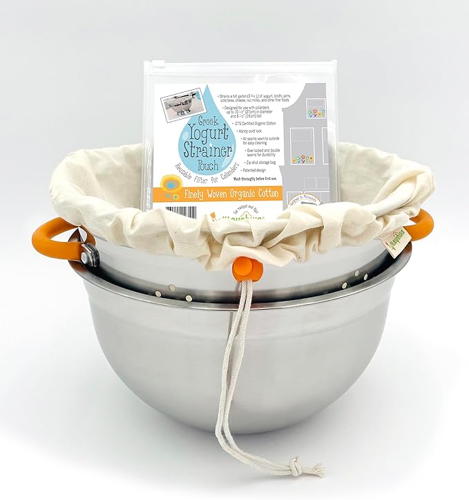 Greek Yogurt Strainer Set: Stainless Steel Colander & Bowl with Organic Cotton Strainer Pouch | Premium Greek Yogurt Maker, Large 5-Quart Size