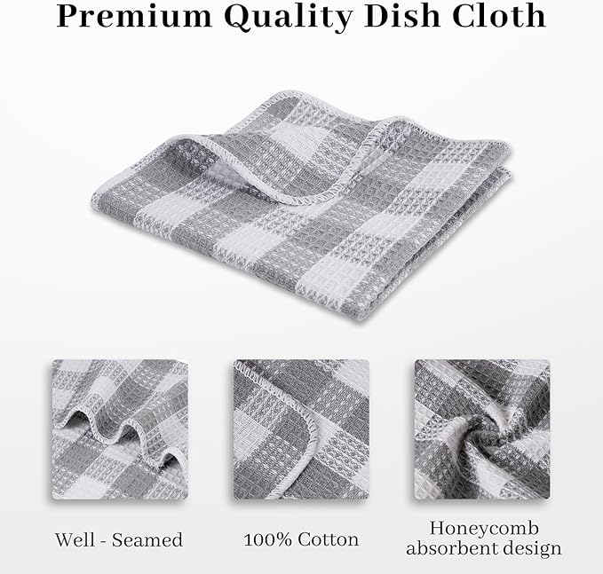 Blue Needles Set of 8 Waffle Weave Check Plaid Dish Cloths, 12x12 Inches 100% Cotton Dish Towels for Kitchen, Ultra Soft & Absorbent Kitchen Towels for Quick Drying Spring Summer - Ash Grey & White