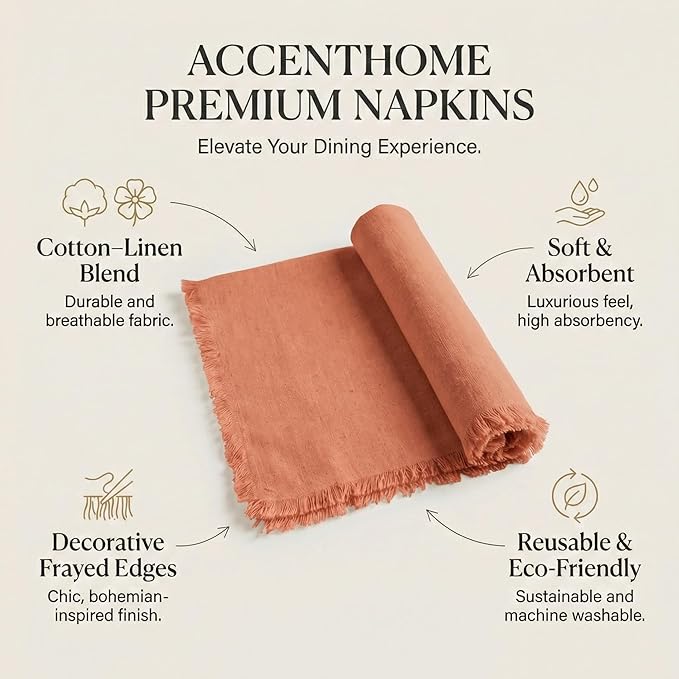 ACCENTHOME Rust Cotton Linen Napkin Set of 12 18x18 inch Dinner Napkins - Washable Soft Premium Hotel Quality Reusable Hemmed Edges Napkins Perfect Table Linens for Family Dinners, Weddings