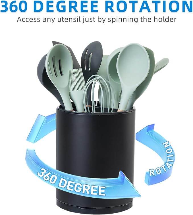 LIBODOUR Kitchen Utensil Holder Extra Large 360°Rotating For Counter Organizer Stainless Steel Storage Cooking Silverware Caddy 3 Compartment Flatware Spoon Spatula Tool Cutlery Container（Black）