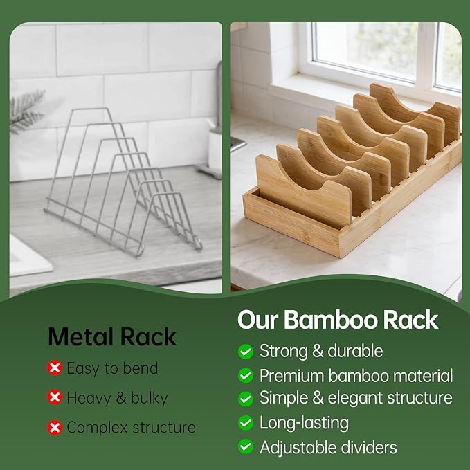 Pan Organizer Compatible with Caraway, Pots and Pans Organizer Under Cabinet, Bamboo Pot Lid Organizers with Adjustable Dividers, U-Shaped Lid Slots, Ideal for Kitchen Countertop and Cabinet Storage