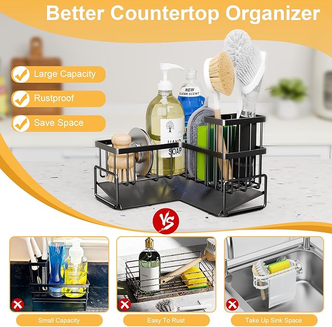 TEAMOLA L-Shaped Kitchen Sponge Holder, Extra Large Sponge Caddy for Sink, Black Sponge Caddy for Kitchen with Brush Holder, Metal Kitchen Countertop Organizer Essentials for Sink Sponge Caddy