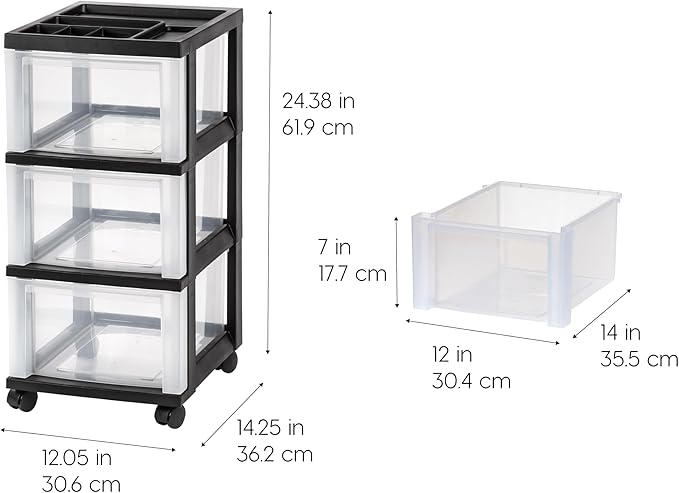 IRIS USA Plastic Drawer Storage Organizer Rolling Cart, with Wheels Casters, 3-Drawers, for Classroom Art Craft Supplies Dresser Closet Bathroom Laundry Room, Black/Clear