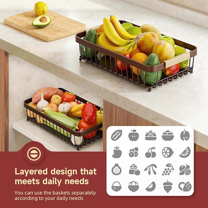 Sevenblue 2 Tier Large Fruit Basket for Kitchen Counter with 2 Mobile Banana Hangers, 2026 Pro Detachable Metal Fruit Bowl with Wooden Handle (Brown, 2 Tier)