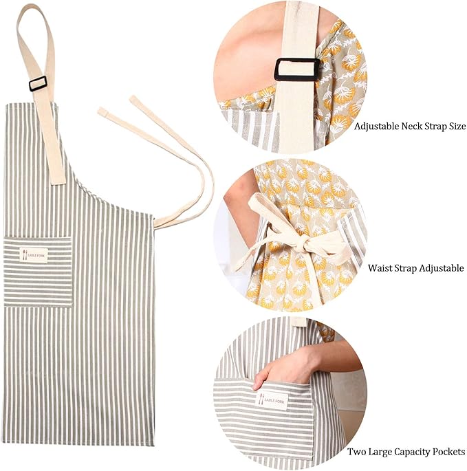 Syhood 2 Pack Aprons with 2 Pocket for Women Men Soft Linen Adjustable Bib Kitchen Cooking Apron for Chefs, Waiters, Baking(Brown Stripes Style)