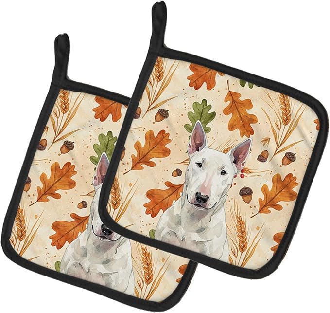 Caroline's Treasures White Bull Terrier Heirloom Fall Pair of Pot Holders Pair 7.5x7.5 Quilted Insulated Hot Pads Decorative Kitchen Gift Made in USA