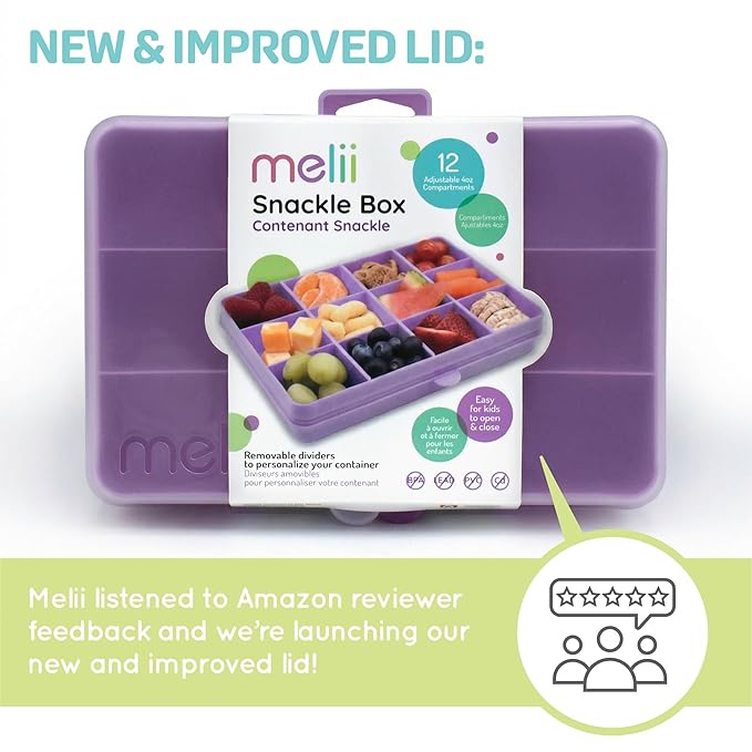 melii Snackle Box – 12-Compartment Divided Snack Container, BPA-Free Food Storage, Removable Dividers, Perfect for Kids Snacks, Arts & Crafts, Beads, and Kitchen Organization (Purple)
