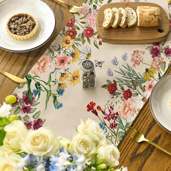 Artoid Mode Plants Floral Butterfly Valentine's Day Table Runner, Anniversary Wedding Kitchen Dining Table Decoration for Home Party Decor 13x60 Inch