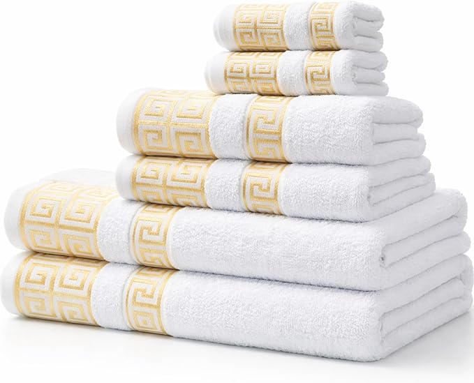 Premium Soft Cotton 6 Piece Towel Set with Greek Key Design – 2 Bath Towels 2 Hand Towels 2 Washcloths, Ultra Absorbent & Quick Dry Bathroom Towels, Turkish Towels for Bathroom, White Towel Sets G02