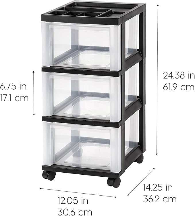 IRIS USA Plastic Drawer Storage Organizer Rolling Cart, 2-Pack, with Wheels Casters, 3-Drawers, for Classroom Art Craft Supplies Dresser Closet Bathroom Laundry Room, Black/Clear