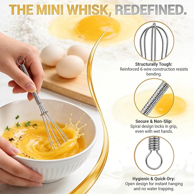 Anaeat Mini Wire Whisks, Set of 2 Portable Stainless Steel Kitchen Tiny Whisk & Egg Beater with Thick Wire - Sturdy Small Mixing Balloon for Cooking, Blending, Whiping, Beating and Stirring (5" + 7")