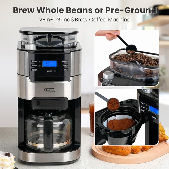 Gevi 10-Cup Drip Coffee Maker, Built-in Burr Grinder, 1.5L Water Tank, Programmable Timer, Auto Keep-Warm, Reusable Filter, Fresh Grind Coffee Machine, Black