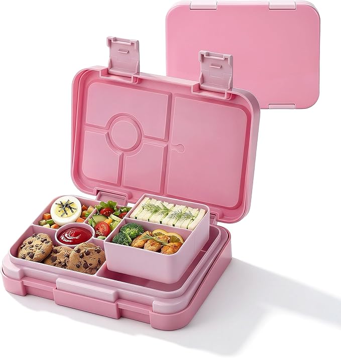 Bento Lunch Box for Kids, 6 Compartments BPA Free, Dishwasher Safe Back to School Snack Bento Lunch Containers Boxes, Ideal Portion Sizes for On-the-Go Meal, Ages 3+, School, Pink