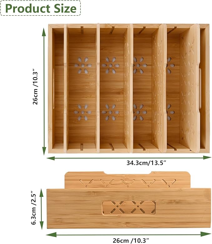 Bamboo Drawer & Counter Organizer Tray with Adjustable Dividers, Versatile Organizer for Bathroom, Kitchen, Desk & Kids' Items