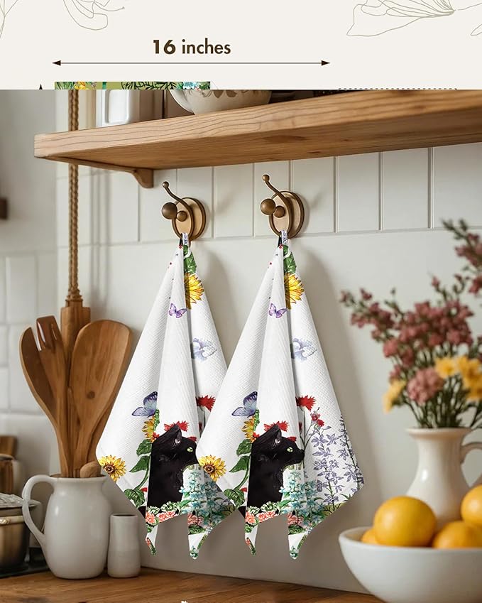 Miss Adola 2pcs Waffle Kitchen Towels - 16x26 Inch Cotton Waffle Weave Dish Cloths Set of 2 with Hanging Loop Absorbent Hand Tea Towels Cute Design for Housewarming Gift, Cat in Flowers