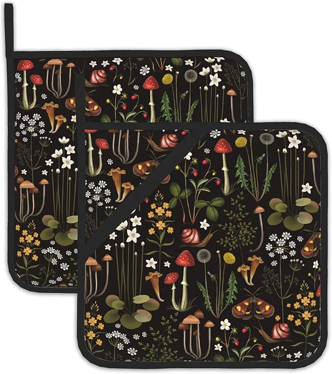 Retro Mushroom Pot Holders Set of 2, Kitchen Heat Resistant Forest Plant Moth Potholder for Microwave Cooking Baking Oven End Dishes and BBQ