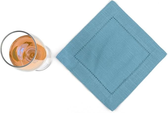 FINGERCRAFT Cocktail Napkins 6 x 6 Inch Premium Quality Cotton, Generous Hemstitch and Mitered Corner Set of 12 Coaster Cloth Aqua Blue