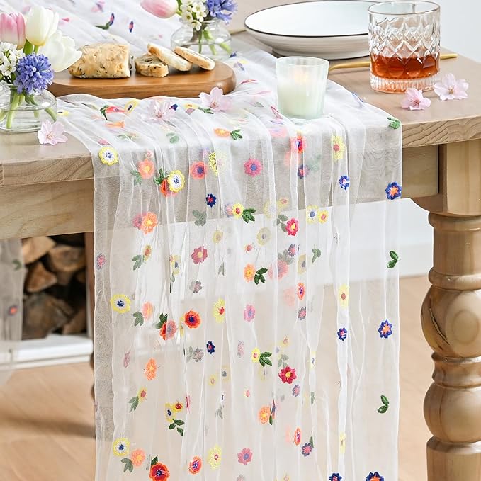 Artoid Mode 3PCS Embroidery Daisy Gauze Table Runner 120 Inch 10FT, Seasonal Sheer Kitchen Dining Holiday Wedding Birthday Table Decor for Home Party