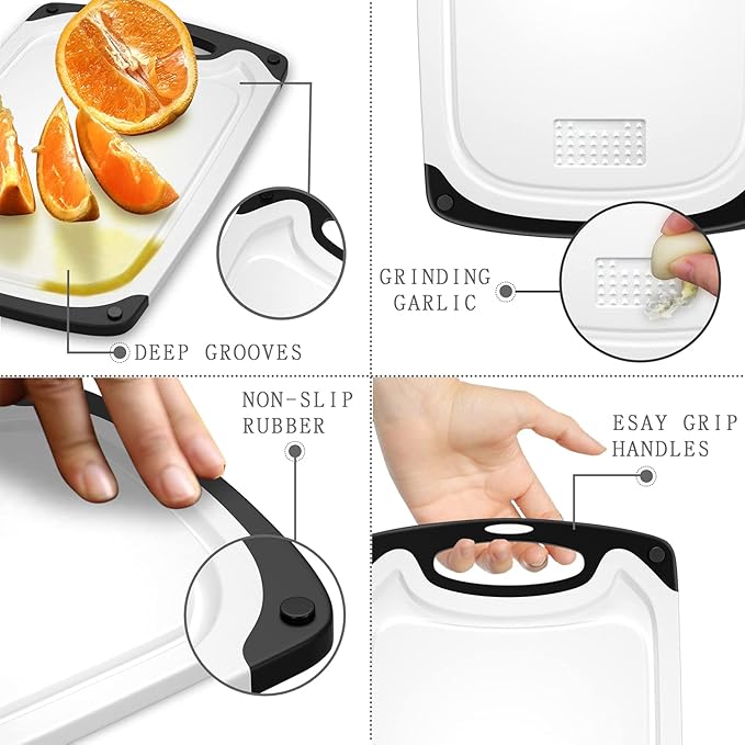 Plastic Cutting Board, 3 Pieces Dishwasher Safe Cutting Boards with Juice Grooves, Easy Grip Handle, Non-Slip, with Grinding Area for Grinding Garlic and Ginger（White）