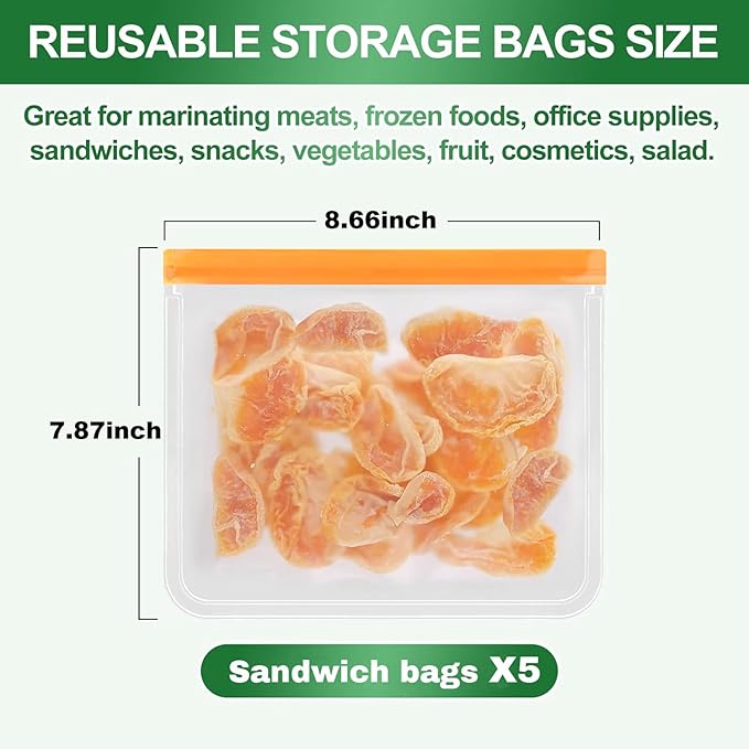 5 Pack Sandwich Bags, Extra Thick BPA Free, Dishwasher & Freezer Safe Food Storage Bags for Lunch, Snacks & Home Organization (Orange, 5 Pack Sandwich Bags)
