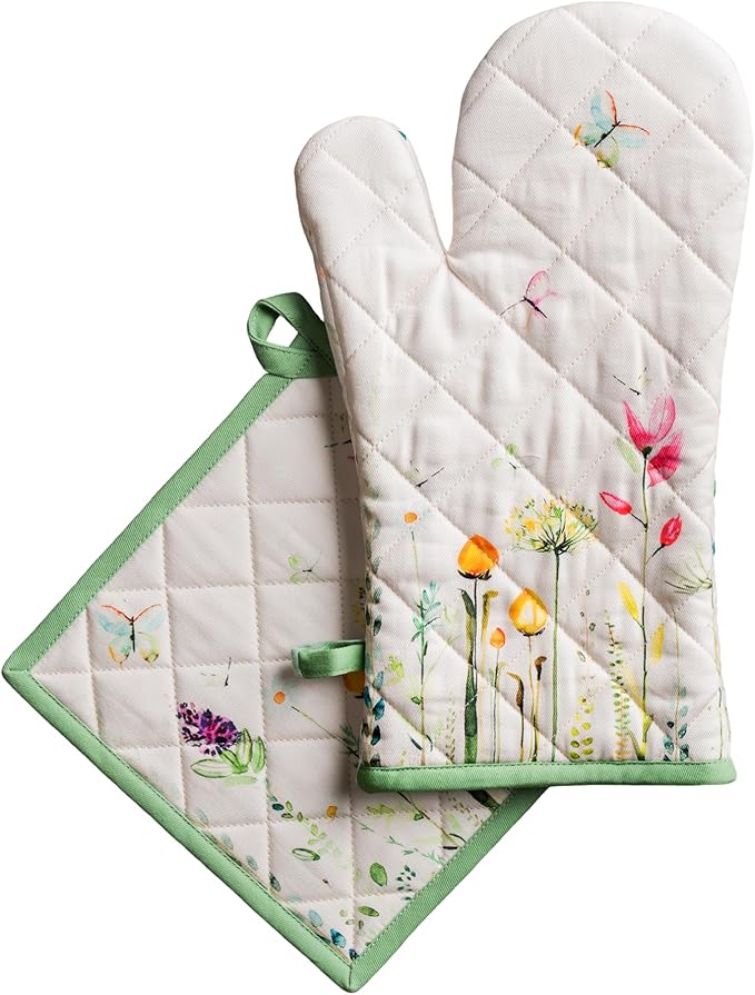Maison d' Hermine 100% Cotton Oven Mitt & Pot Holder Set (7.5"x13" & 8"x8") Heat Resistant Cooking Gloves with Loop Baking Grilling Kitchen Gifts for Mothers Day Spring/Summer (Botanical Fresh)