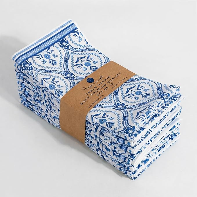 FINGERCRAFT Cloth Napkins, Set of 12 Cotton Linen Blend Printed Dinner Napkins Cloth Mitered Corner Perfect for Parties Dinners Weddings Cocktail Christmas Easter 20x20 Damask Blue