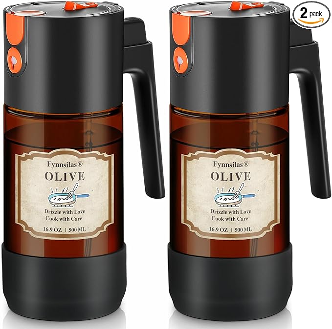 2-IN-1 Oil Sprayer for Cooking with 8 Stickers Light-Blocking Dark Glass Olive Oil Dispenser Bottle for Kitchen 500ml/16.9oz Oil Mister for Air Fryer, BBQ,Salad Even Spray with Portion Control-2PC