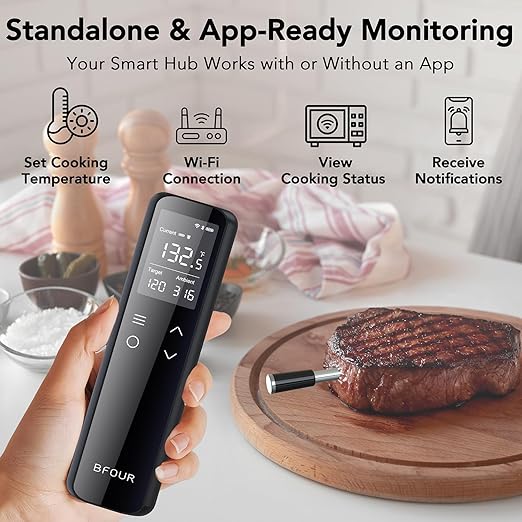 BFOUR Wireless Meat Thermometer Bluetooth with Digital Standalone Base, WiFi Unlimited Range, 6 Precision Sensor, IP67 Waterproof and Heat Resistant, Digital Meat Thermometer for Food Cooking