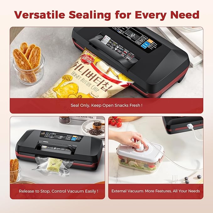 95kPa Food Vacuum Sealer Machine, 230W Automatic Food Sealer for Sous Vide, 10-in-1 Preset Modes with Double Heat Seal, Built-in Cutter & Starter Kit for Meal Prep and Storage