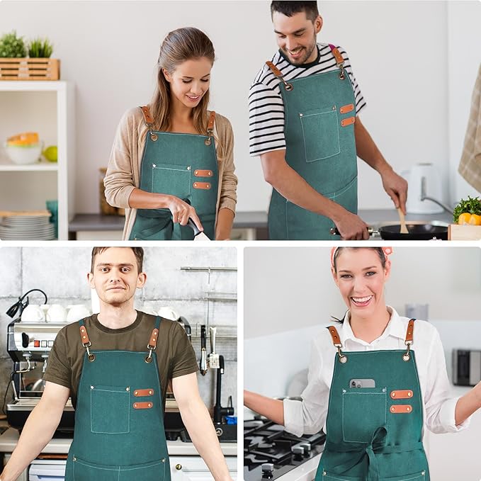OUNLEN Chef Apron for Men Women Canvas Aprons with 3 Pockets Cross Back Resistant Work Apron for Cooking