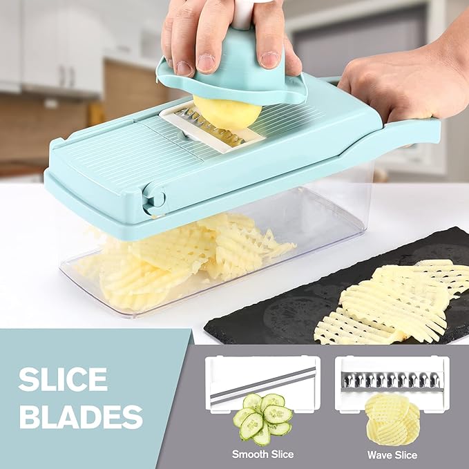 KEOUKE Vegetable Chopper Mandoline Slicer Blue - 12 in 1 Interchangeable Blades Food Chopper with Container, Hand Guard & Drainer, Veggie Dicer Kitchen Gadget for Onion, Cucumber, Tomato, Fruit