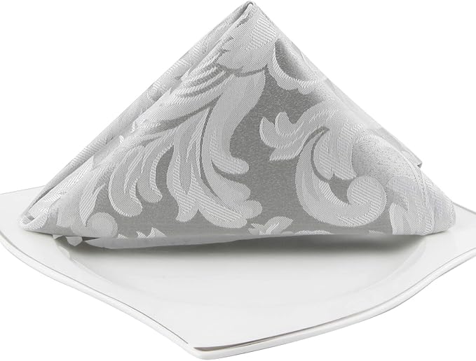 EHouseHome Damask Jacquard Cloth Napkins Waterproof Spillproof Polyester Fabric Napkins Silver Grey, Set of 12, 17 x 17 Inch