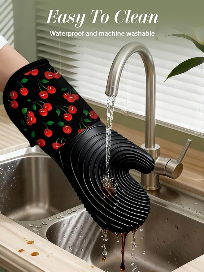 Slohif Long Silicone Oven Mitts Heat Resistant for Women - 2 Pcs Y2K Cherry 100% Cotton Oven Gloves, Non-Slip and Waterproof Silicone Oven Mitts with Hanger for Baking and Cooking